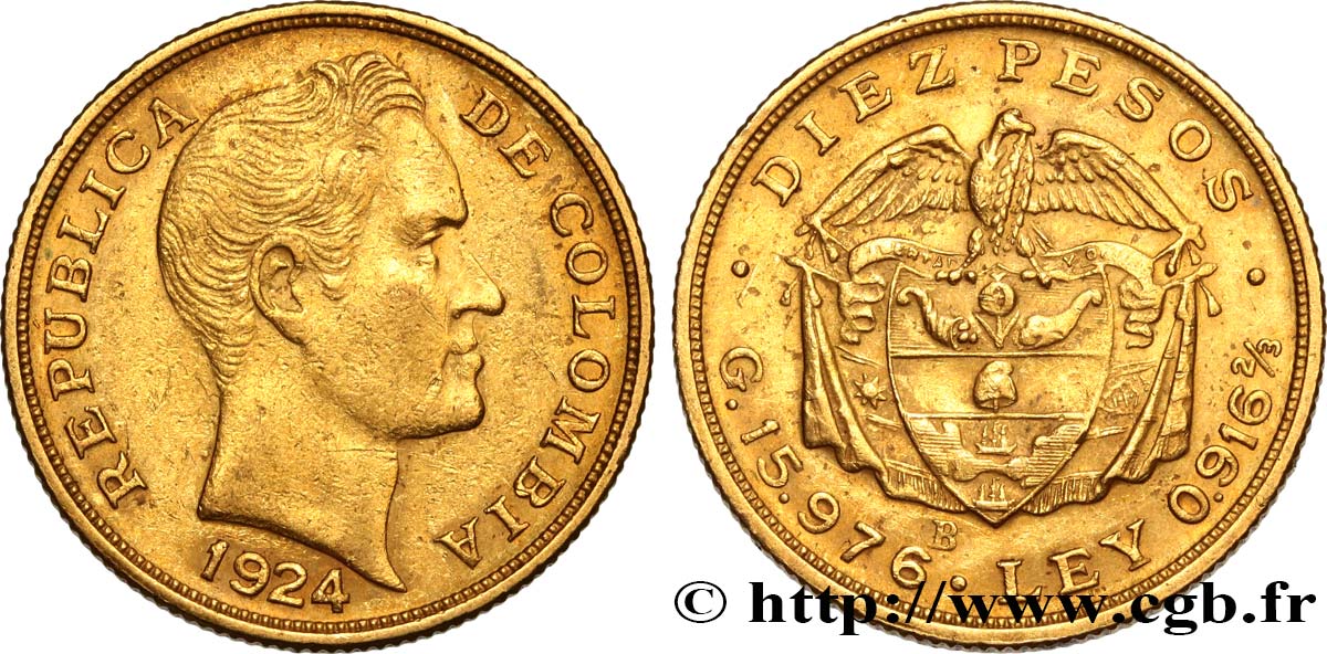 COLOMBIA 10 Pesos Simon Bolivar 1924 Bogota XF/AU 