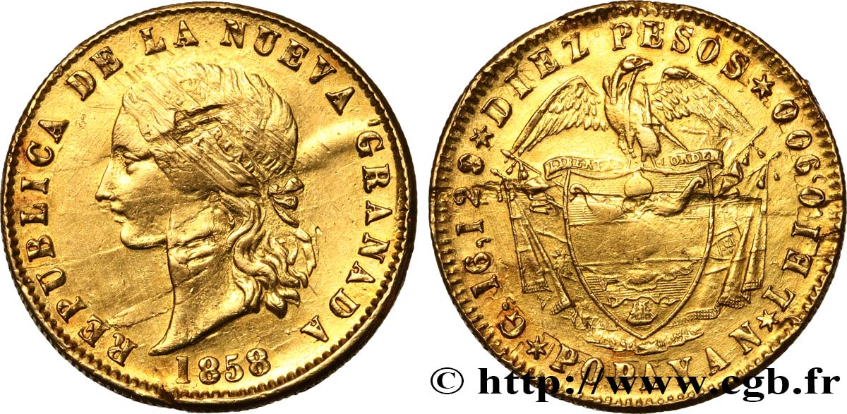 COLOMBIA - REPUBLIC OF NEW GRANADA 10 Pesos 1858 Popayan XF 
