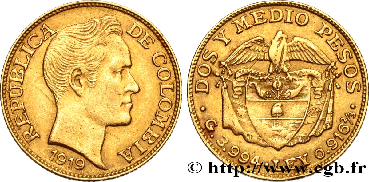 COLOMBIA 2 1/2 Pesos Simon Bolivar 1919 Bogota AU 