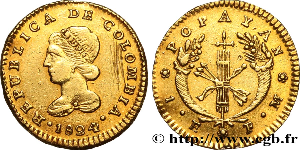 COLOMBIE - RÉPUBLIQUE DE COLOMBIE 1 Escudo 1824 Popayan MBC 