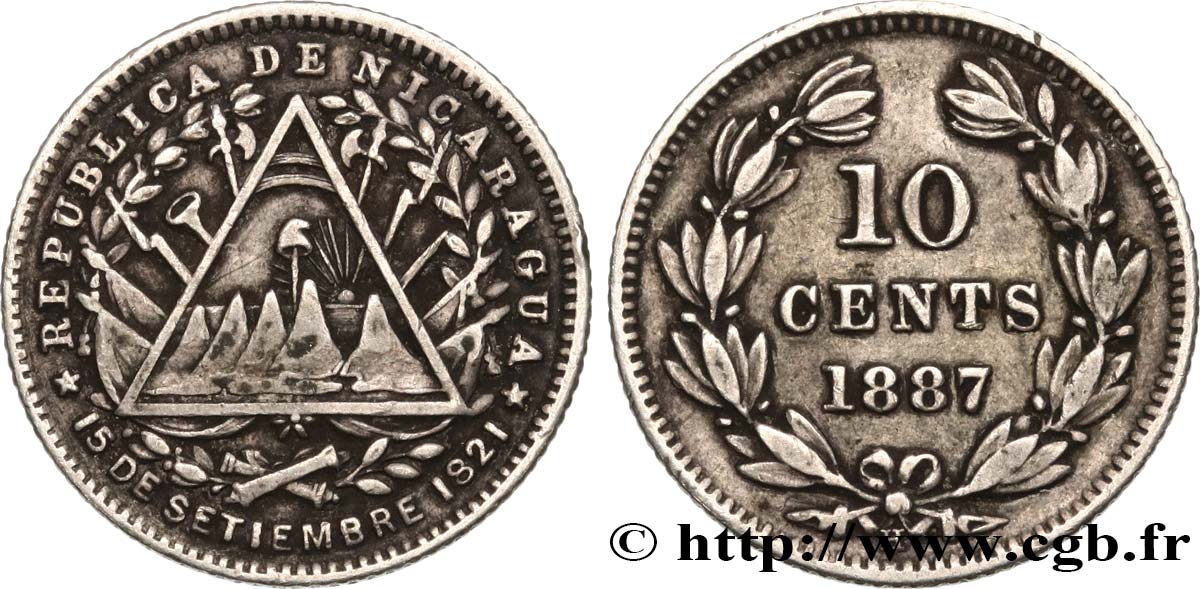 NICARAGUA 10 Centavos 1887 Heaton BB 