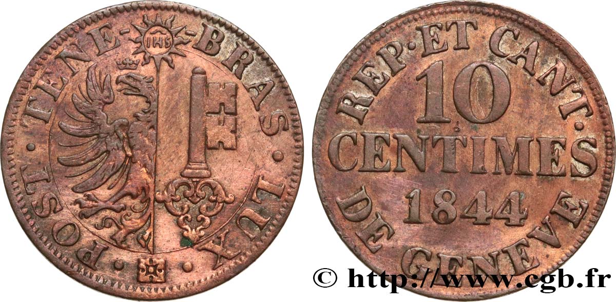 SWITZERLAND - REPUBLIC OF GENEVA 10 Centimes 1844  XF 