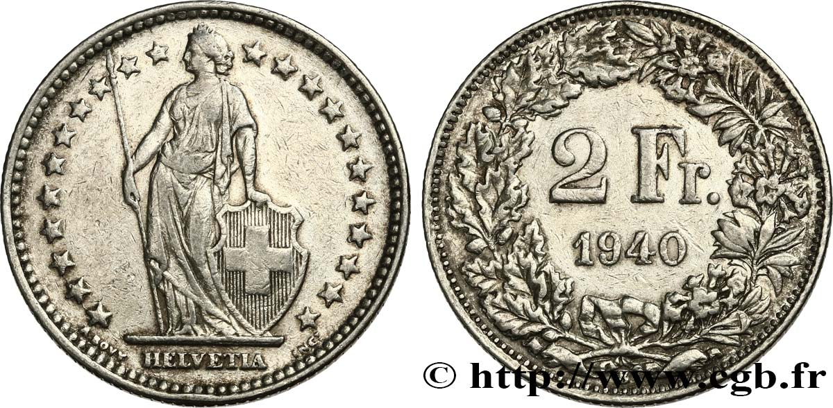 SCHWEIZ 2 Francs Helvetia 1940 Berne  VZ 