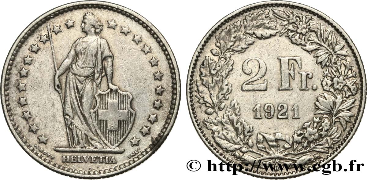 SCHWEIZ 2 Francs Helvetia 1921 Berne SS 