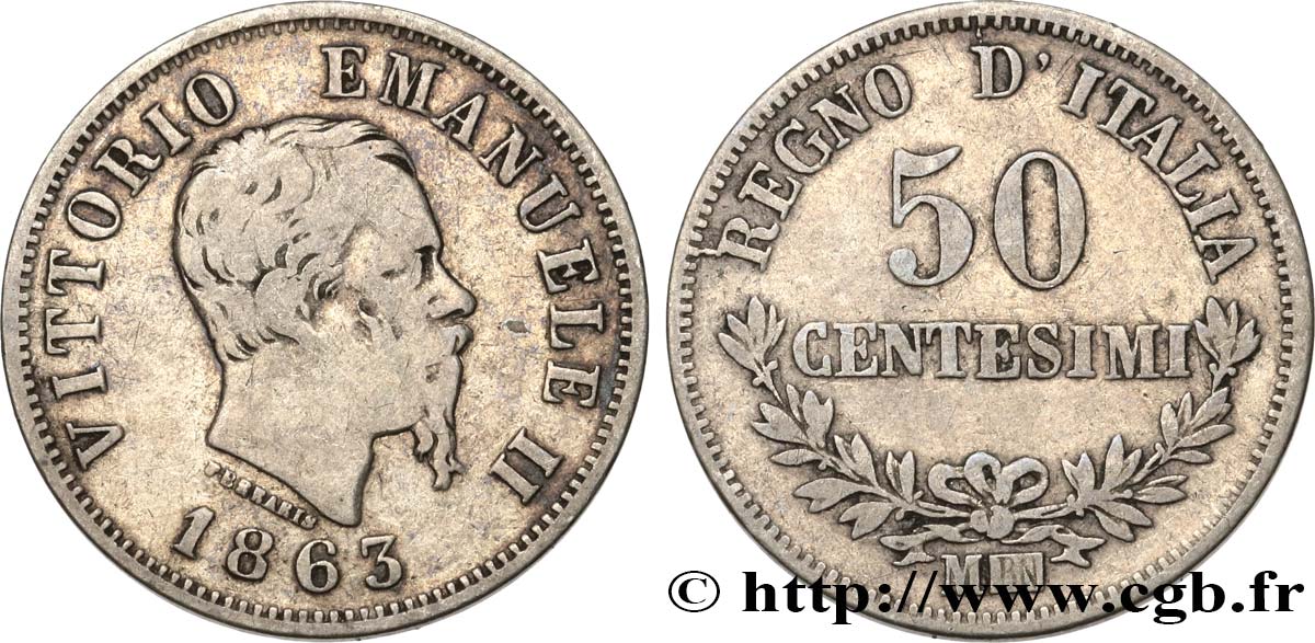 ITALIE 50 Centesimi Victor Emmanuel II 1863 Milan TB 