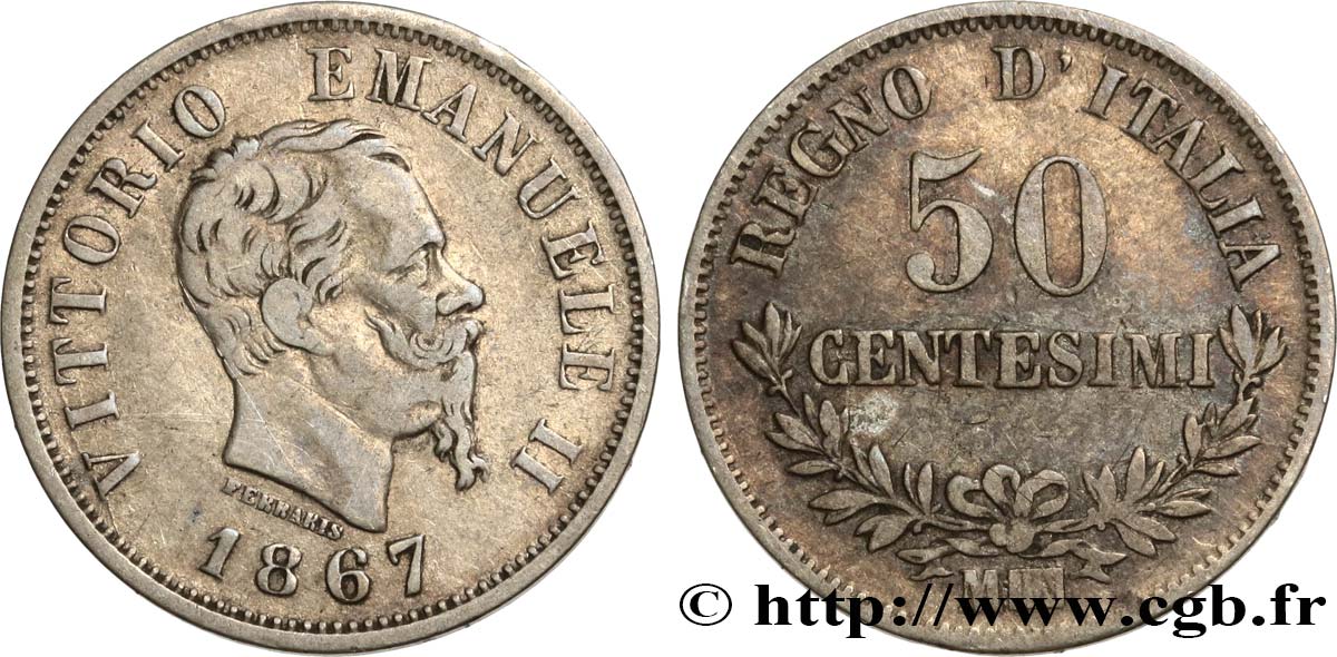ITALIE 50 Centesimi Victor Emmanuel II 1863 Milan TB 