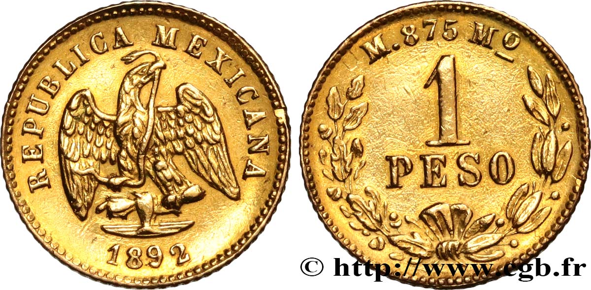 MEXIQUE - RÉPUBLIQUE Peso or 1892 Mexico TTB+ 