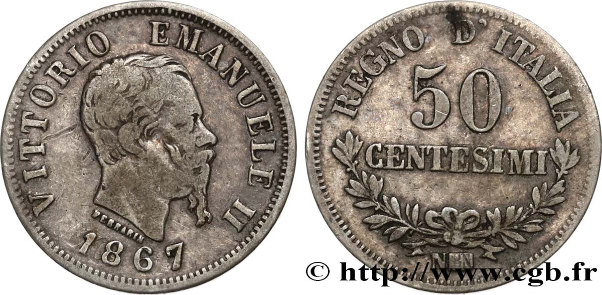 ITALIA 50 Centesimi Victor Emmanuel II 1867 Naples BC+ 