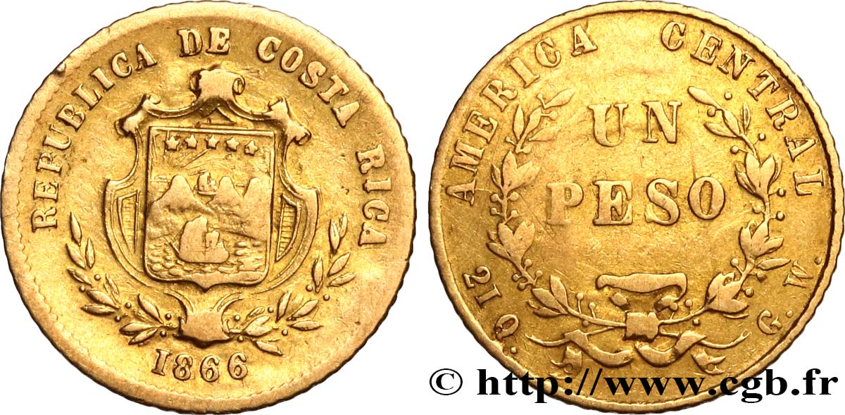 COSTA RICA - RÉPUBLIQUE Peso or 1866  VF 