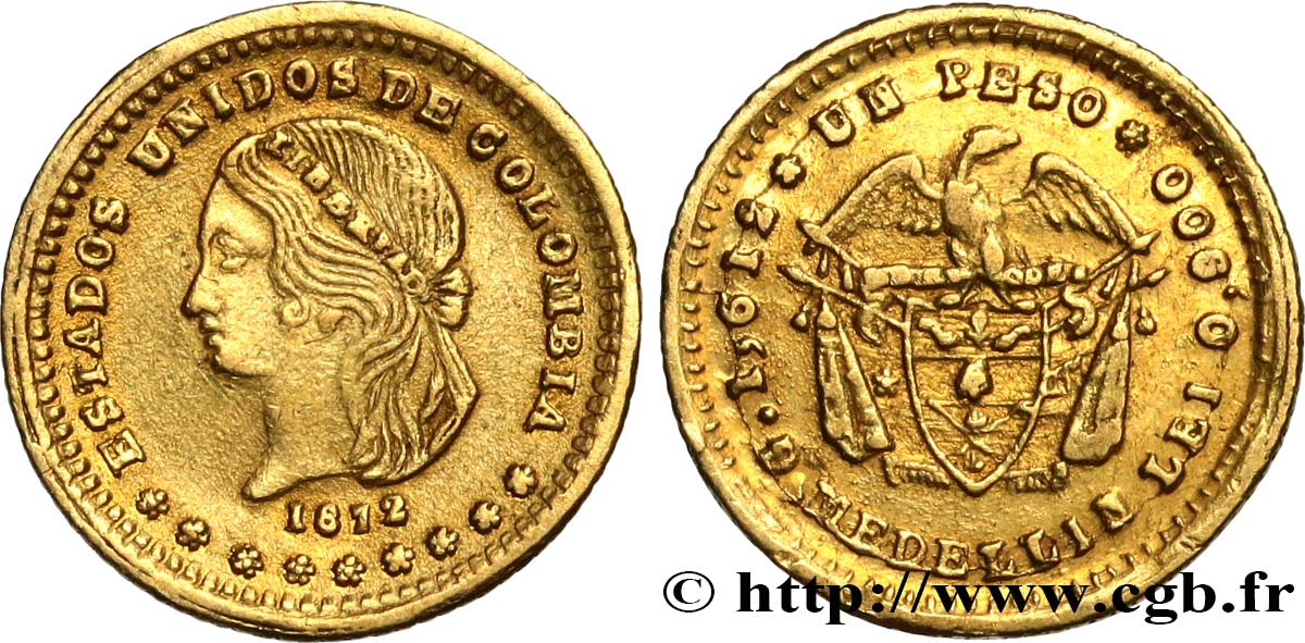 COLOMBIE - RÉPUBLIQUE DE COLOMBIE Peso or 1872 Medellin XF 