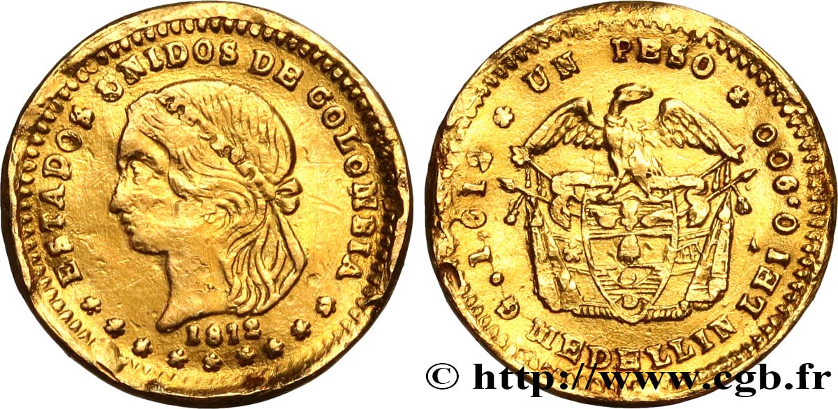 COLOMBIE - RÉPUBLIQUE DE COLOMBIE Peso or 1872 Medellin VF 