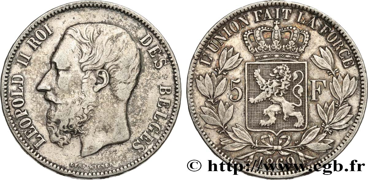 BELGIQUE 5 Francs Léopold II 1869  TB+ 