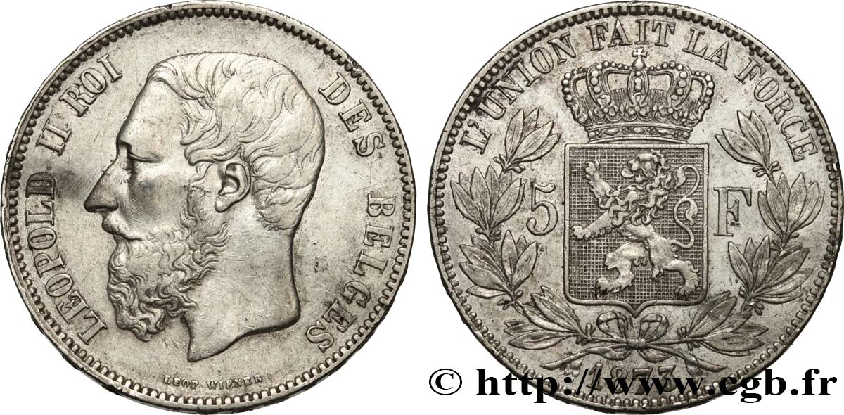 BELGIQUE 5 Francs Léopold II 1873  TTB 