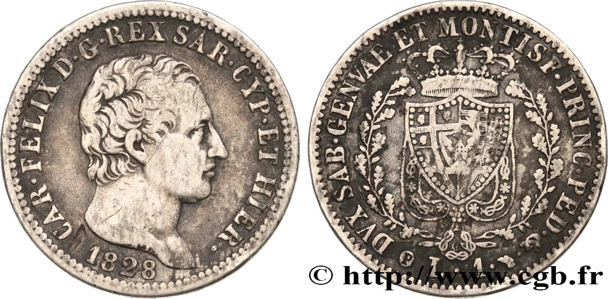 ITALY - KINGDOM OF SARDINIA - CHARLES-FELIX 1 Lira 1828 Turin VF 