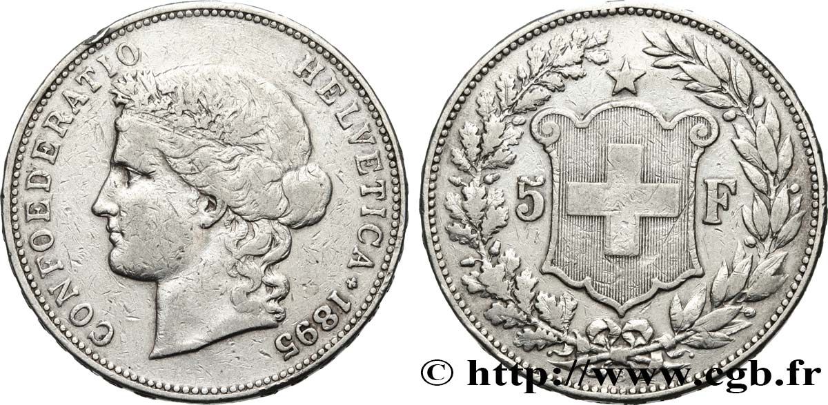 SWITZERLAND 5 Francs Helvetia 1895 Berne VF 
