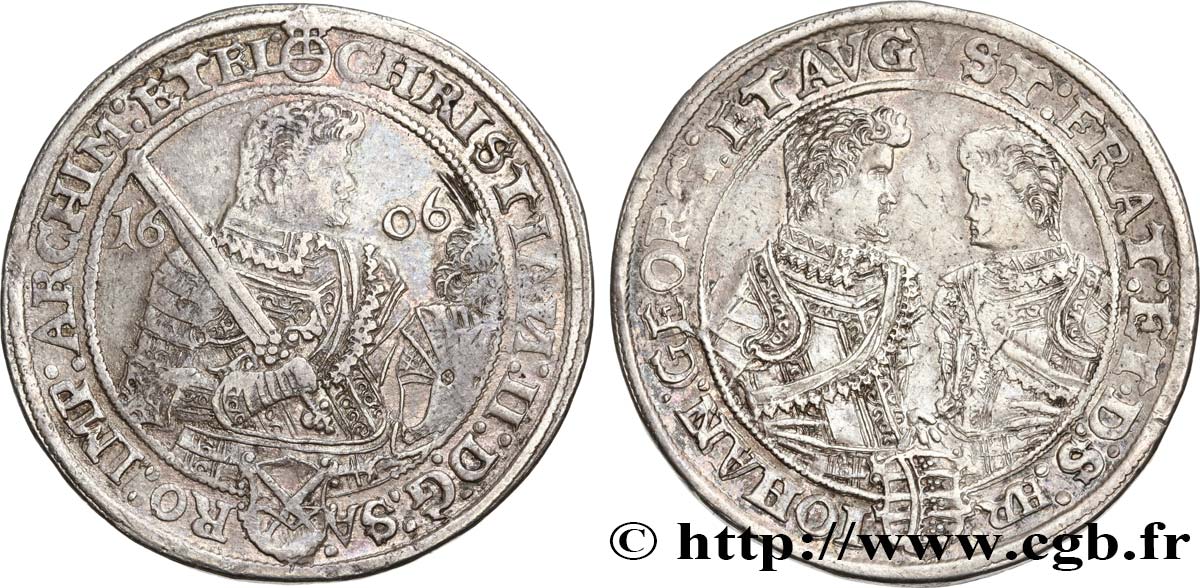 ALLEMAGNE - DUCHÉ DE SAXE - CHRISTIAN II, JEAN-GEORGES ET AUGUSTE Thaler 1606 Leipzig XF 