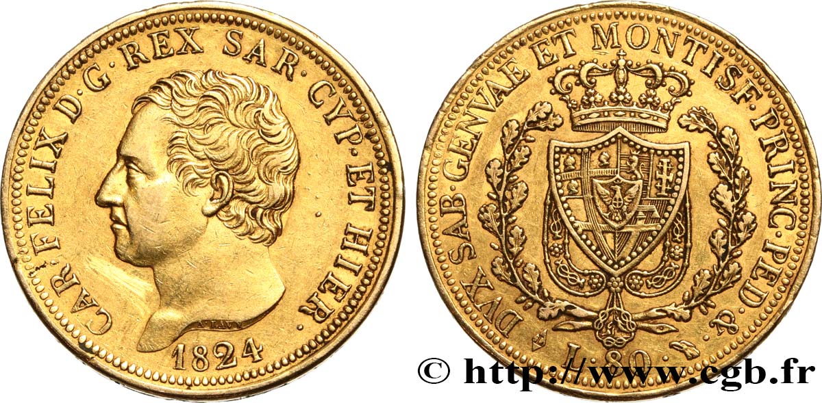 ITALIEN - KÖNIGREICH SARDINIEN 80 Lire Charles Félix de Savoie 1824 Turin fVZ 