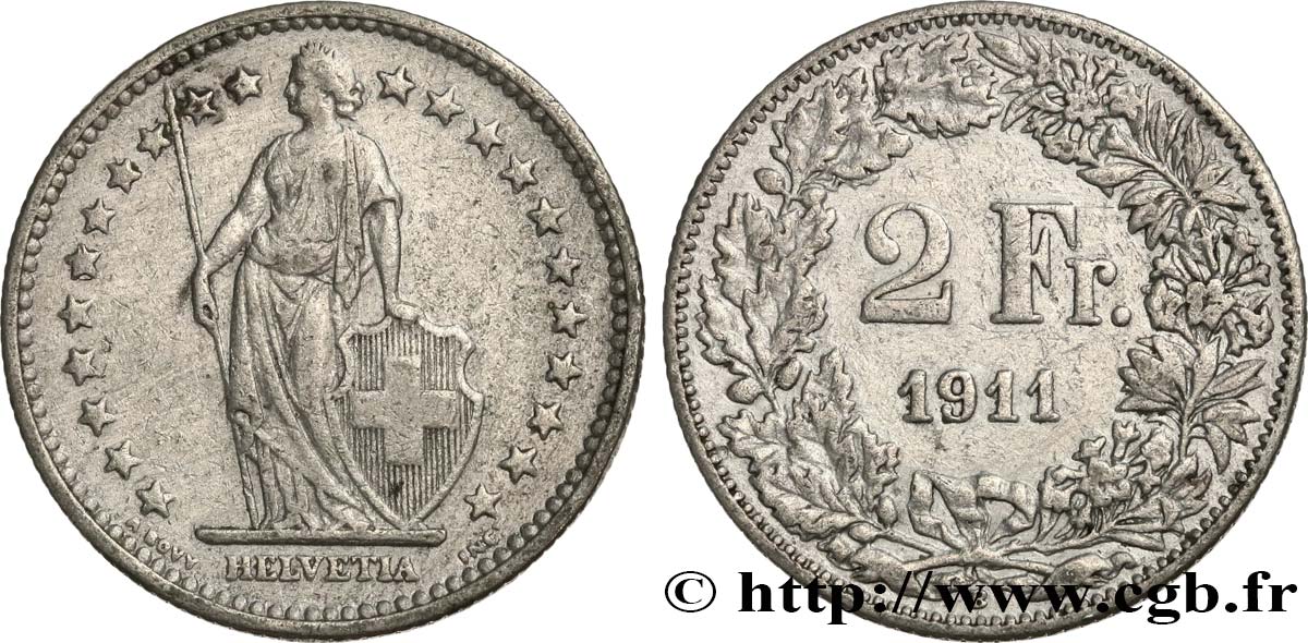 SWITZERLAND 2 Francs Helvetia 1911 Berne VF 