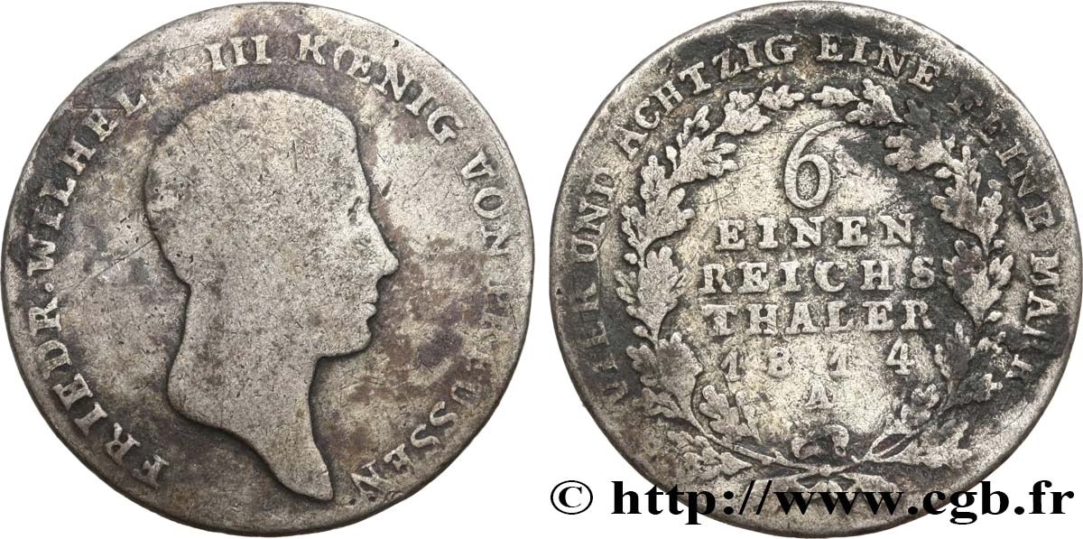 GERMANIA - PRUSSIA 1/6 Thaler Frédéric-Guillaume III 1814 Berlin q.MB 