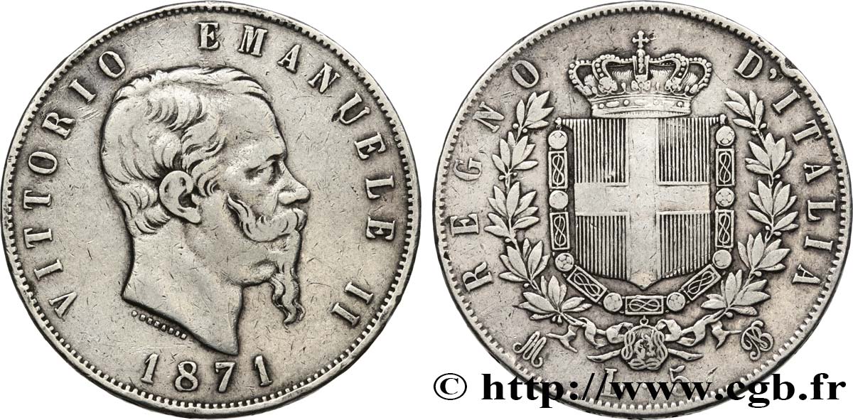 ITALIE 5 Lire Victor Emmanuel II 1871 Milan TB+ 