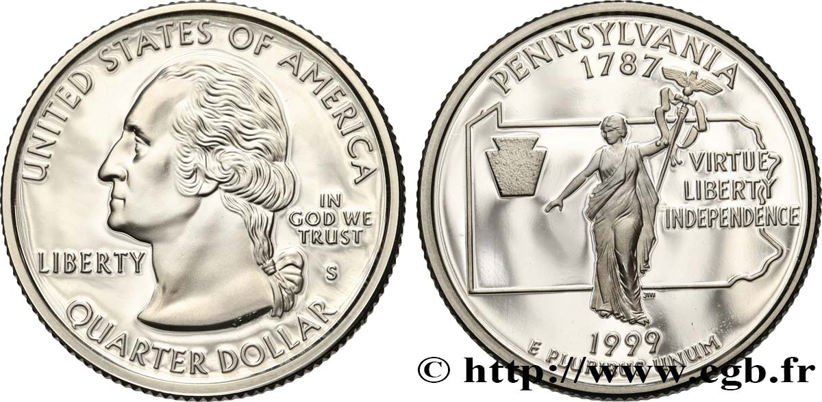 ÉTATS-UNIS D&nbsp;AMÉRIQUE 1/4 Dollar Pennsylvanie - Silver Proof 1999 San Francisco SPL 