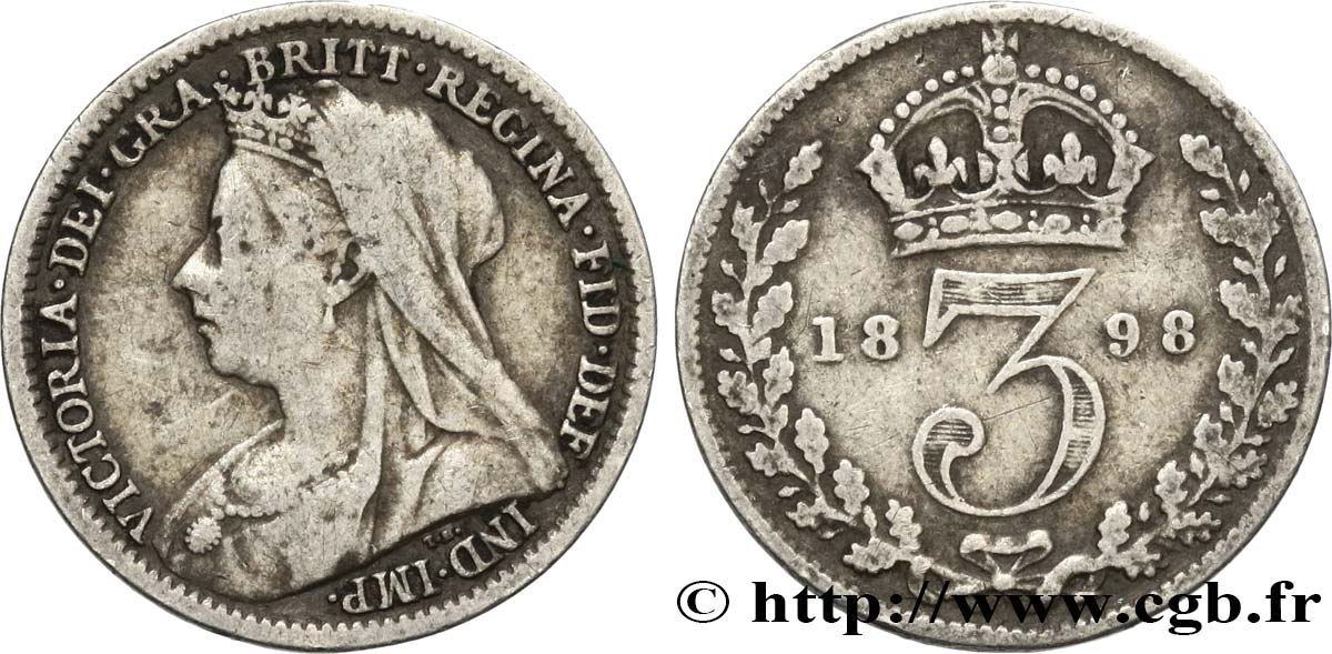 ROYAUME-UNI 3 Pence Victoria “Old Head” 1898  TB 