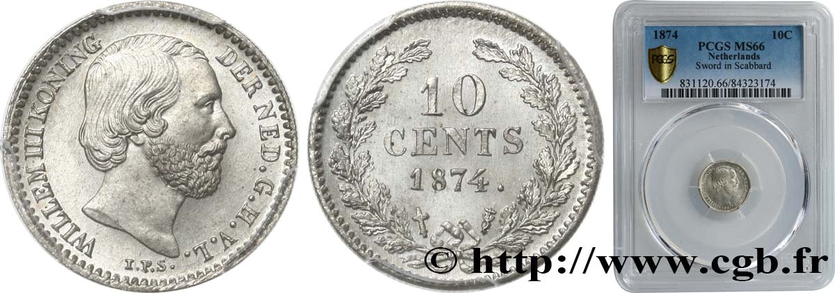 NETHERLANDS 10 Cents Guillaume III 1874 Utrecht MS66 PCGS