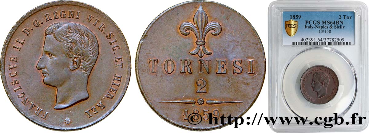 ITALIA - REGNO DELLE DUE SICILIE - FRANCESCO II 2 Tornesi  1859 Naples MS64 PCGS