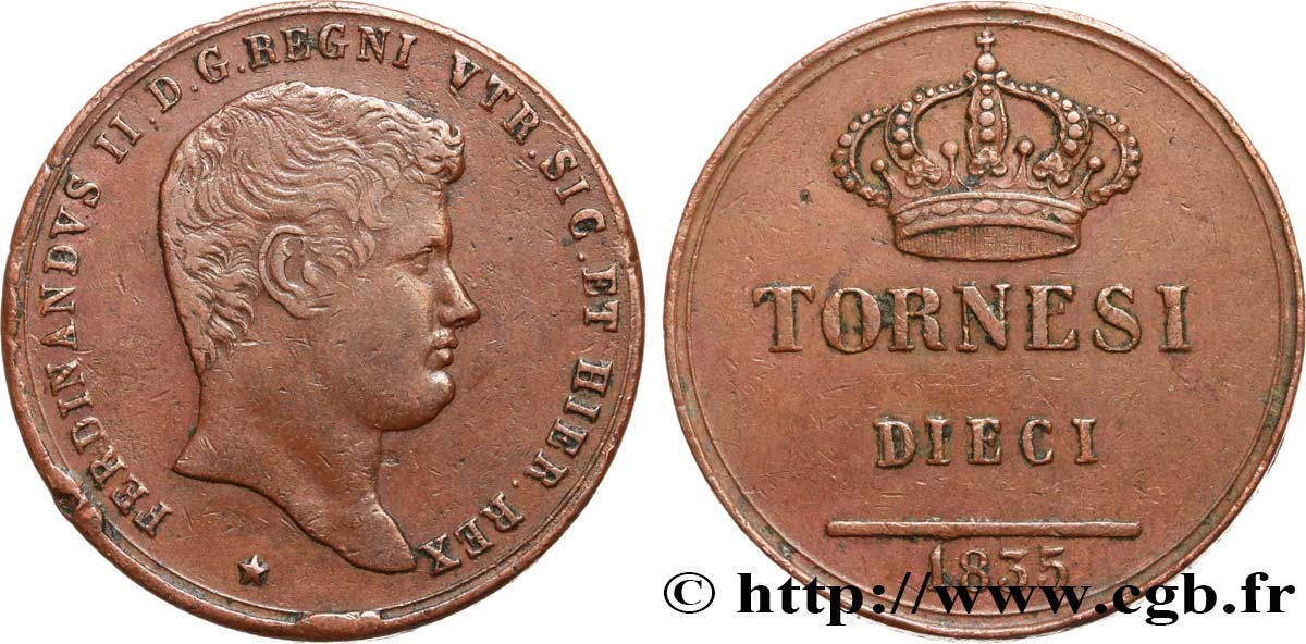 ITALY - KINGDOM OF THE TWO SICILIES 10 Tornesi Ferdinand II 1835 Naples XF 