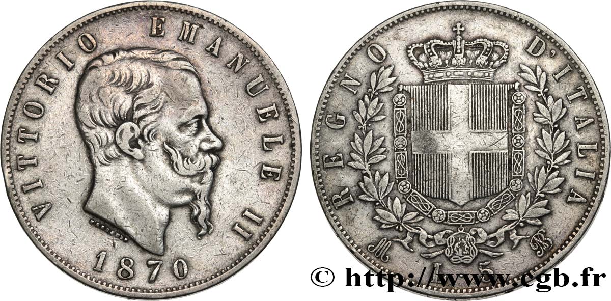 ITALIE 5 Lire Victor Emmanuel II 1870 Milan TB+ 