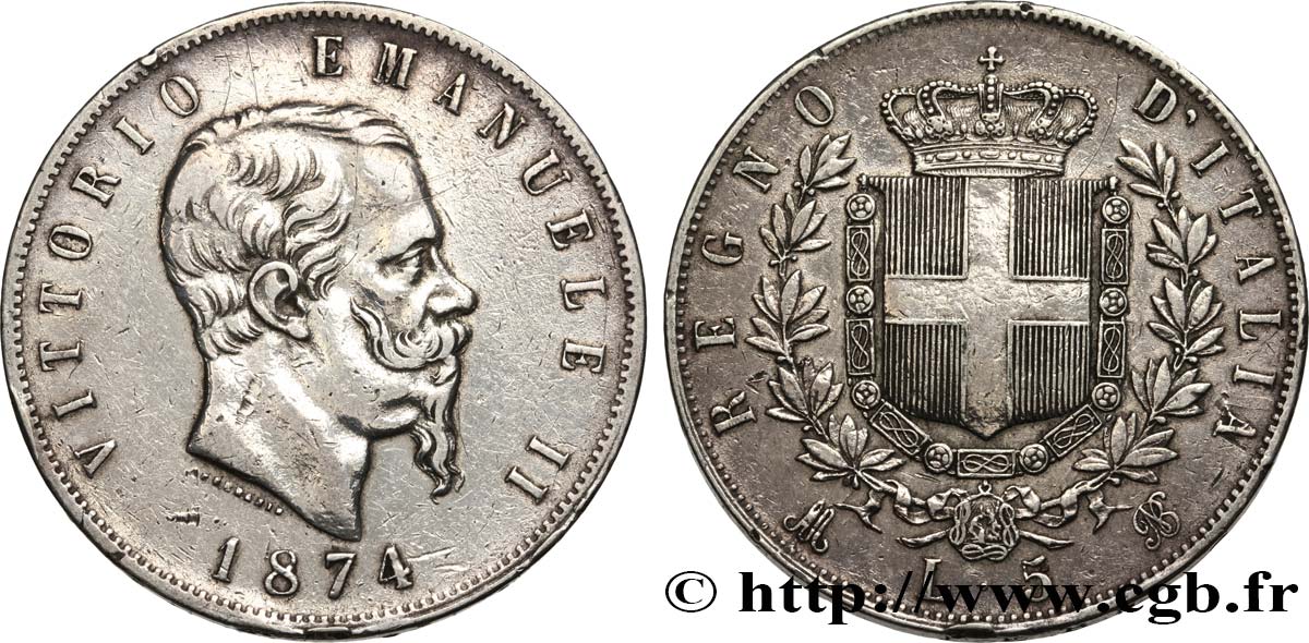 ITALIA 5 Lire Victor Emmanuel II 1874 Milan BC+ 