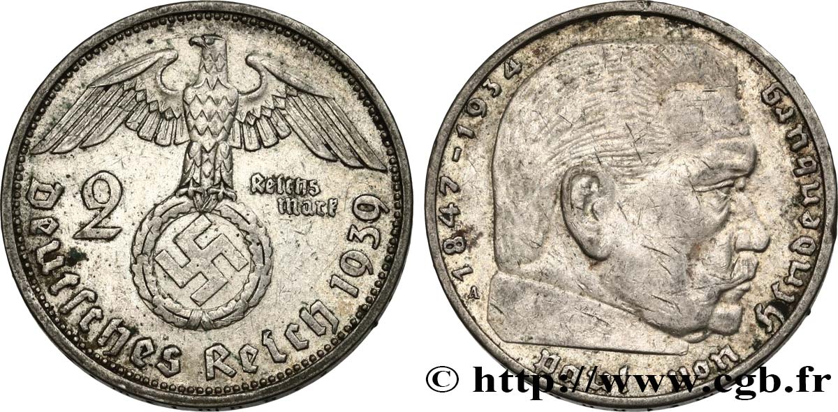 ALLEMAGNE 2 Reichsmark aigle surmontant une swastika / Maréchal Paul von Hindenburg 1939 Berlin TTB+ 