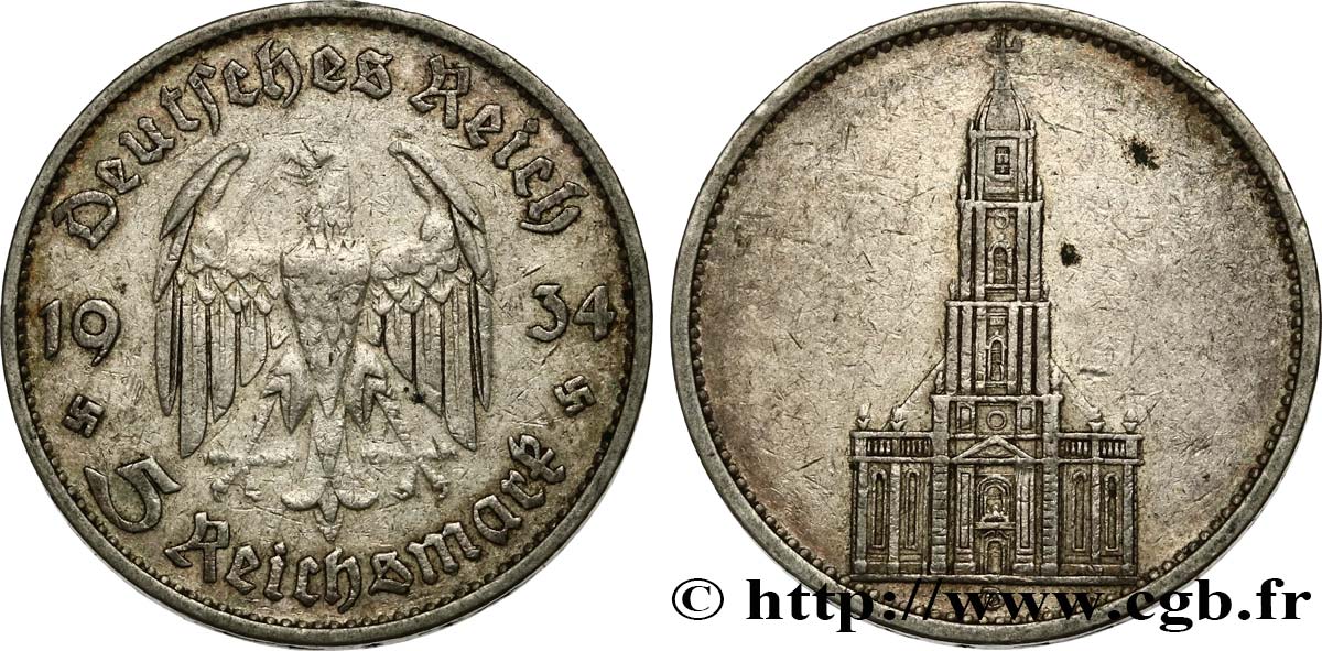 DEUTSCHLAND 5 Reichsmark église de la garnison de Potsdam 1934 Munich fSS 