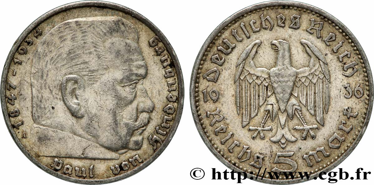 ALLEMAGNE 5 Reichsmark Maréchal Paul von Hindenburg 1936 Berlin TTB+ 