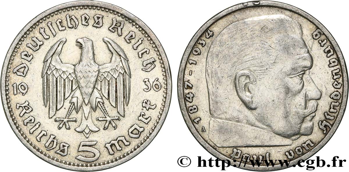 GERMANY 5 Reichsmark Maréchal Paul von Hindenburg 1936 Berlin AU 