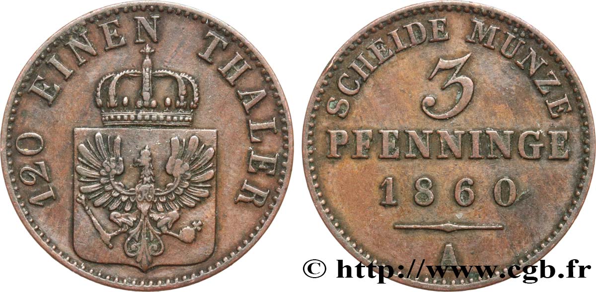 ALEMANIA - PRUSIA 3 Pfenninge Royaume de Prusse écu à l’aigle 1860 Berlin MBC 
