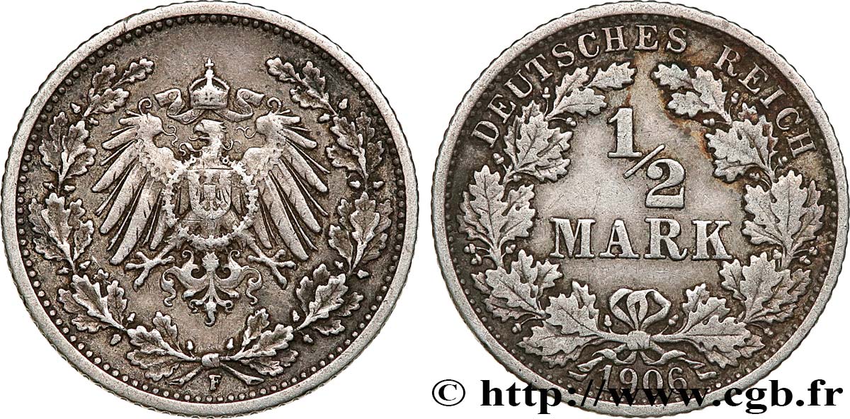 ALEMANIA 1/2 Mark Empire aigle impérial 1906 Stuttgart - F MBC 
