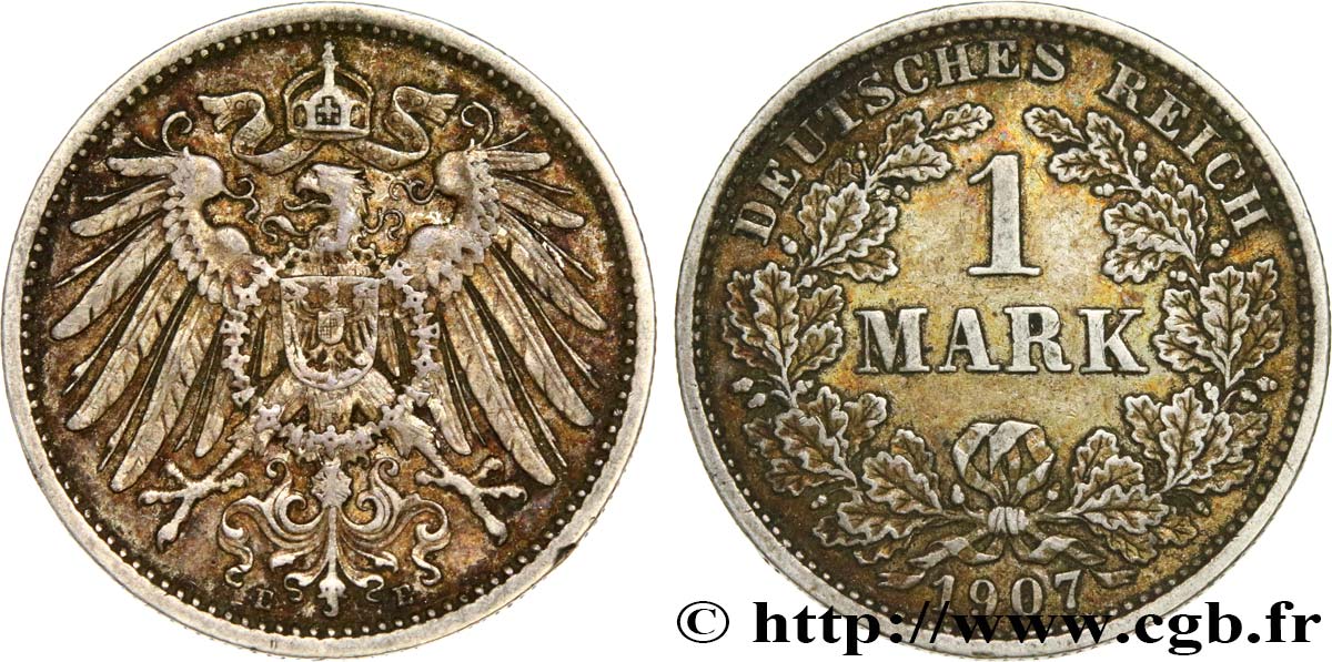 ALEMANIA 1 Mark Empire aigle impérial 2e type 1907 Muldenhütten - E MBC 