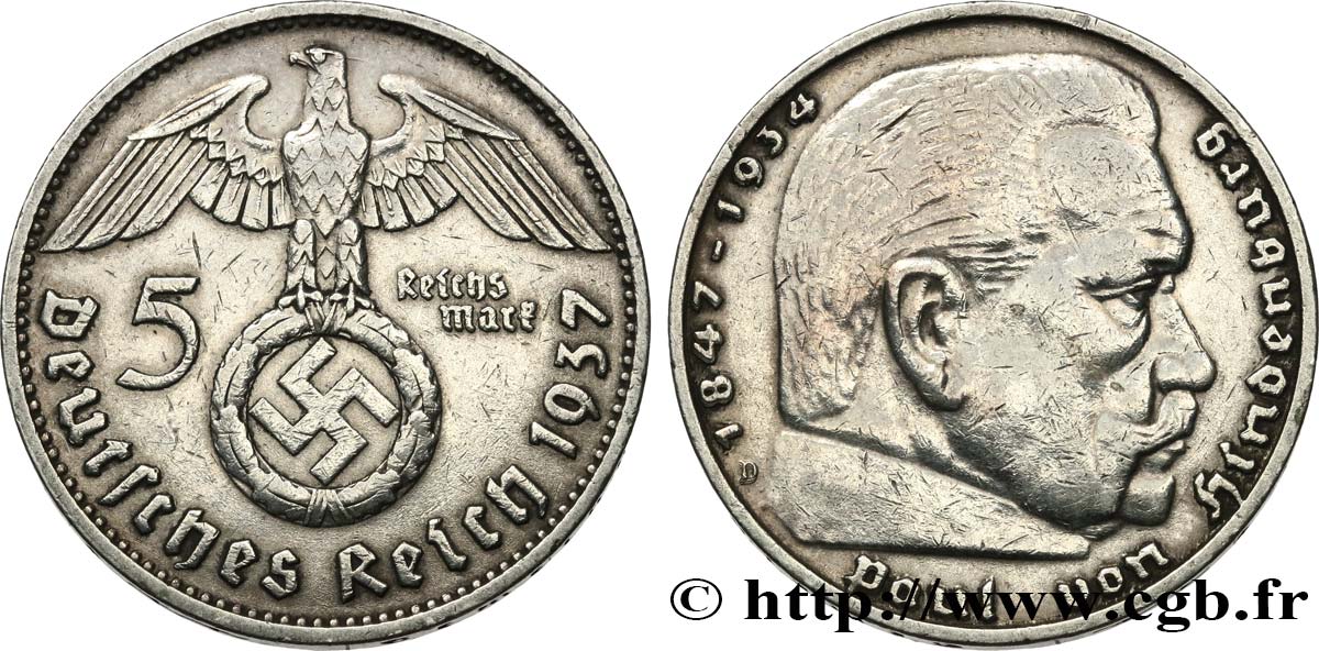 GERMANY 5 Reichsmark Maréchal Paul von Hindenburg 1937 Munich - D XF 