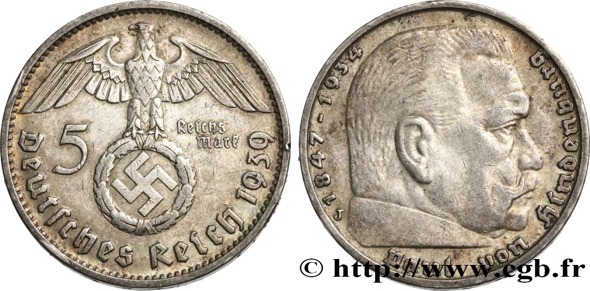 DEUTSCHLAND 5 Reichsmark aigle surmontant une swastika / Maréchal Paul von Hindenburg 1939 Hambourg  fVZ 