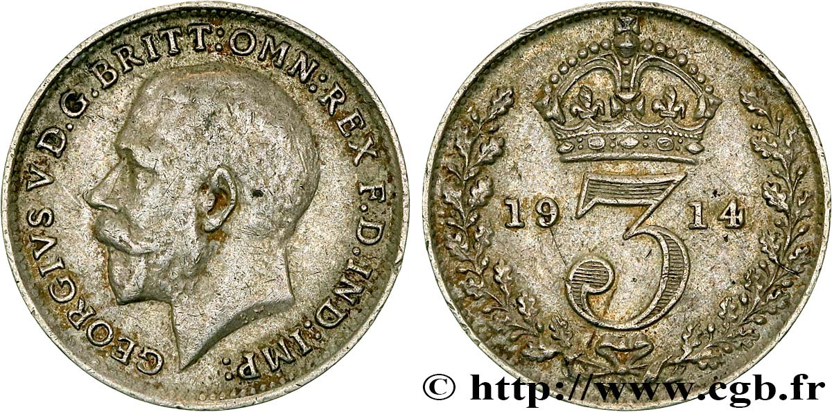 ROYAUME-UNI 3 Pence Georges V / couronne 1914  TTB 