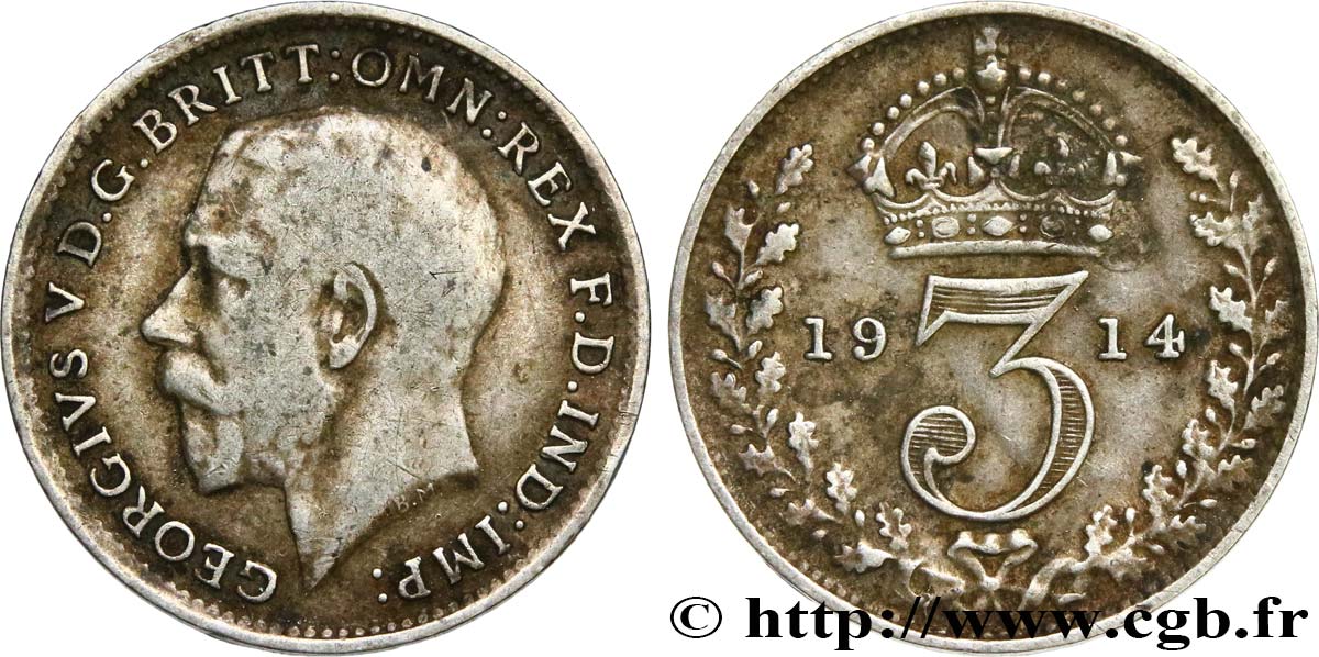 REINO UNIDO 3 Pence Georges V 1914  BC+ 