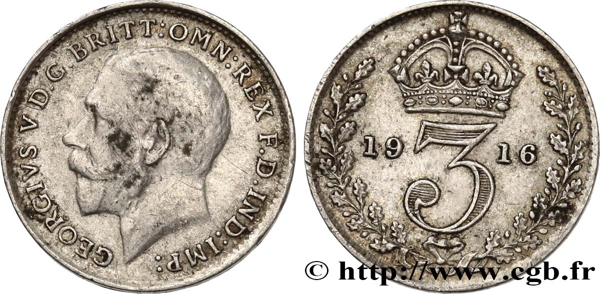 REINO UNIDO 3 Pence Georges V 1916  BC+ 