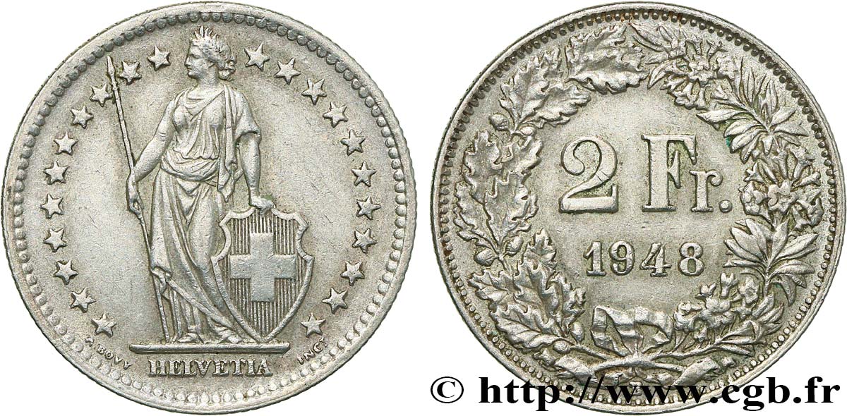 SUISSE 2 Francs Helvetia 1948 Berne TTB+ 