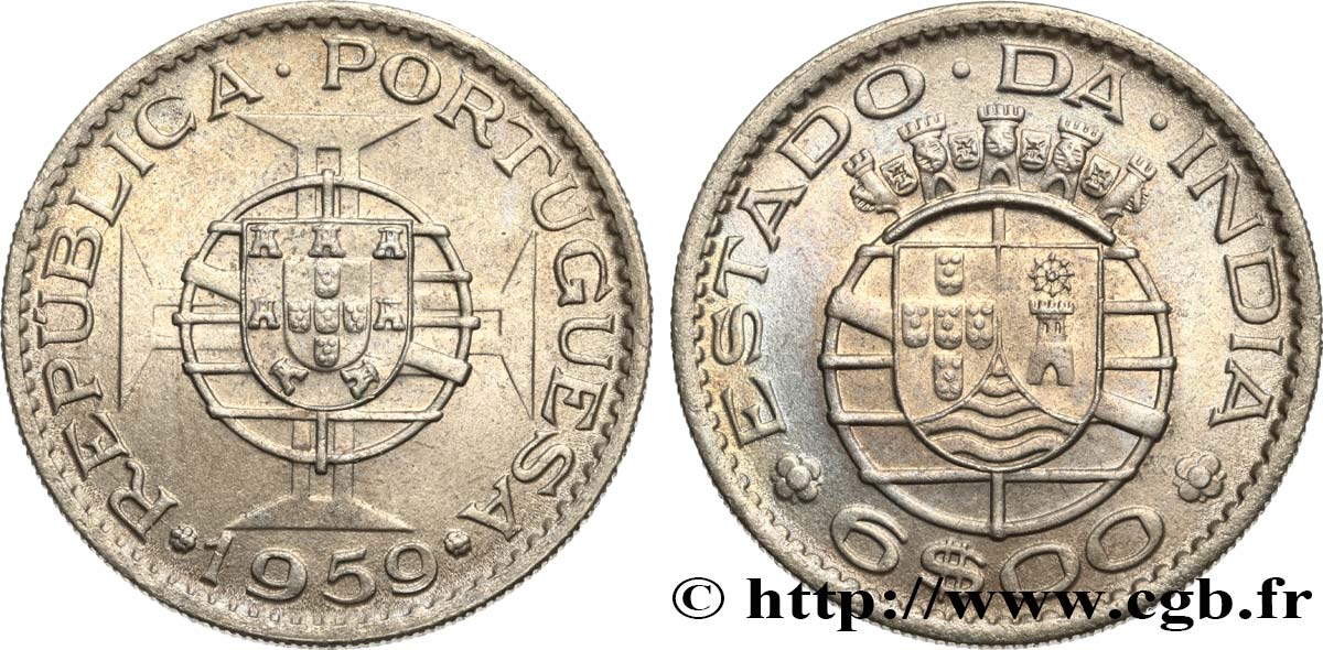 INDIA PORTOGHESE 6 Escudos emblème du Portugal / emblème de l’État portugais de l Inde 1959  MS 