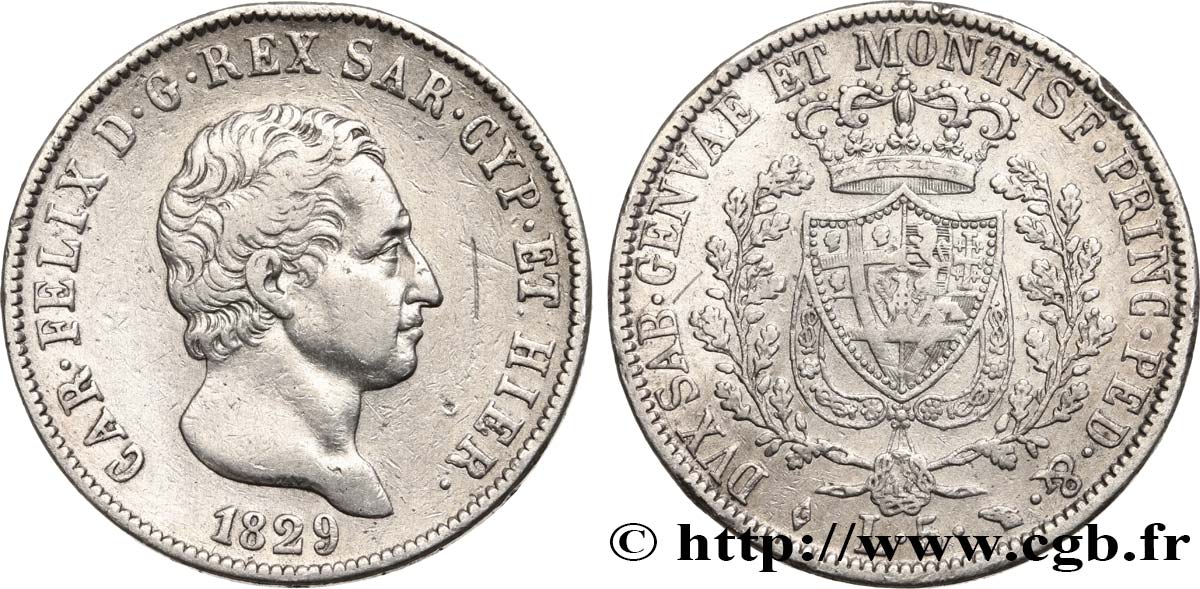 ITALY - KINGDOM OF SARDINIA 5 Lire Charles Félix 1829 Turin VF 