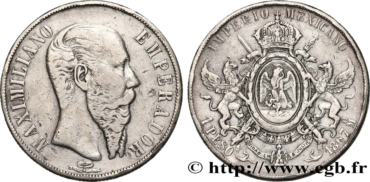 MEXICO - MAXIMILIAN I 1 Peso 1867 Mexico VF 