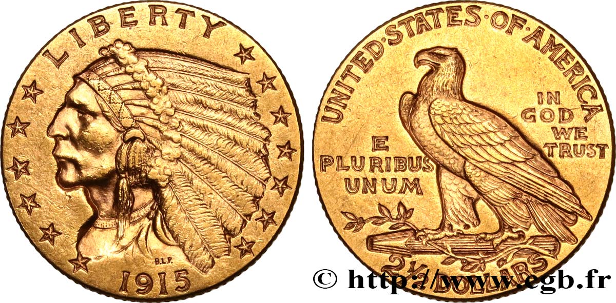 ÉTATS-UNIS D AMÉRIQUE 2 1/2 Dollars  Indian Head  1915 Philadelphie SUP 