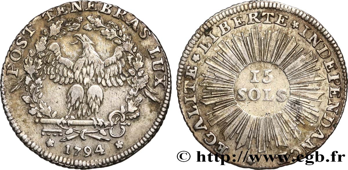 SUISSE - RÉPUBLIQUE DE GENÈVE 15 Sols - République de Genève 1794  TTB/TB+ 