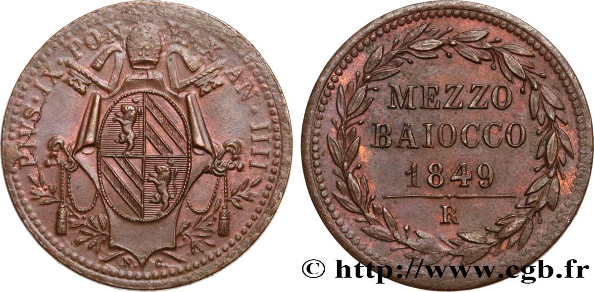 VATICAN AND PAPAL STATES 1/2 Baiocco Pie IX an IIII 1849 Rome AU 